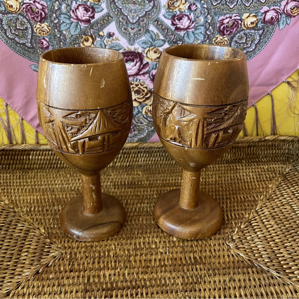 2 Vintage Carved MCM Teak Tiki Goblets